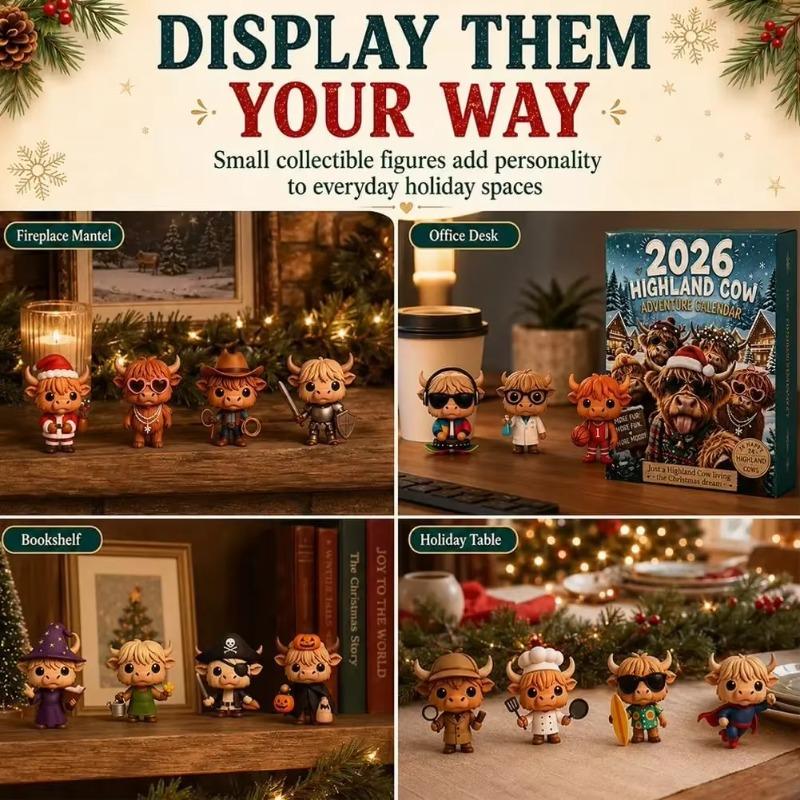 2026 Highland Cow Advent Calendar 24 Days 3D Christmas Countdown Calendar Reusable Cute Festival Ornaments Set Christmas Gift