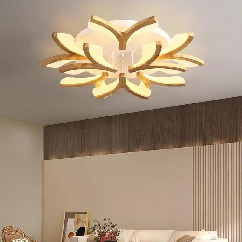 Светодиодный потолочный светильник Nordic из каучукового дерева для спальни, простой, современный, из цельного дерева, для гостиной, деревянный потолочный светильник для внутренних украшений