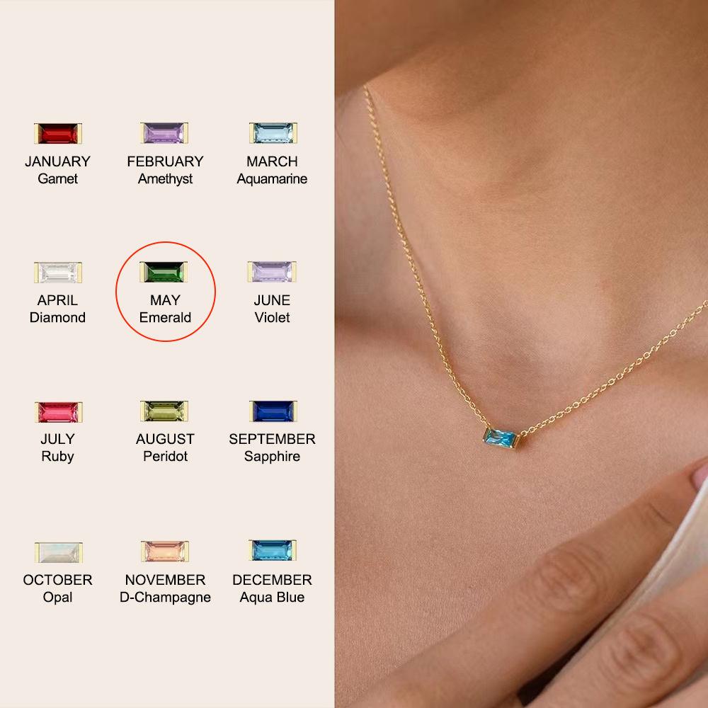 Hot Sale Bijoux Minimalist Baguette square Birthstone Necklace 925 Sterling Silver Gold Plated Zircon Necklace Jewelry
