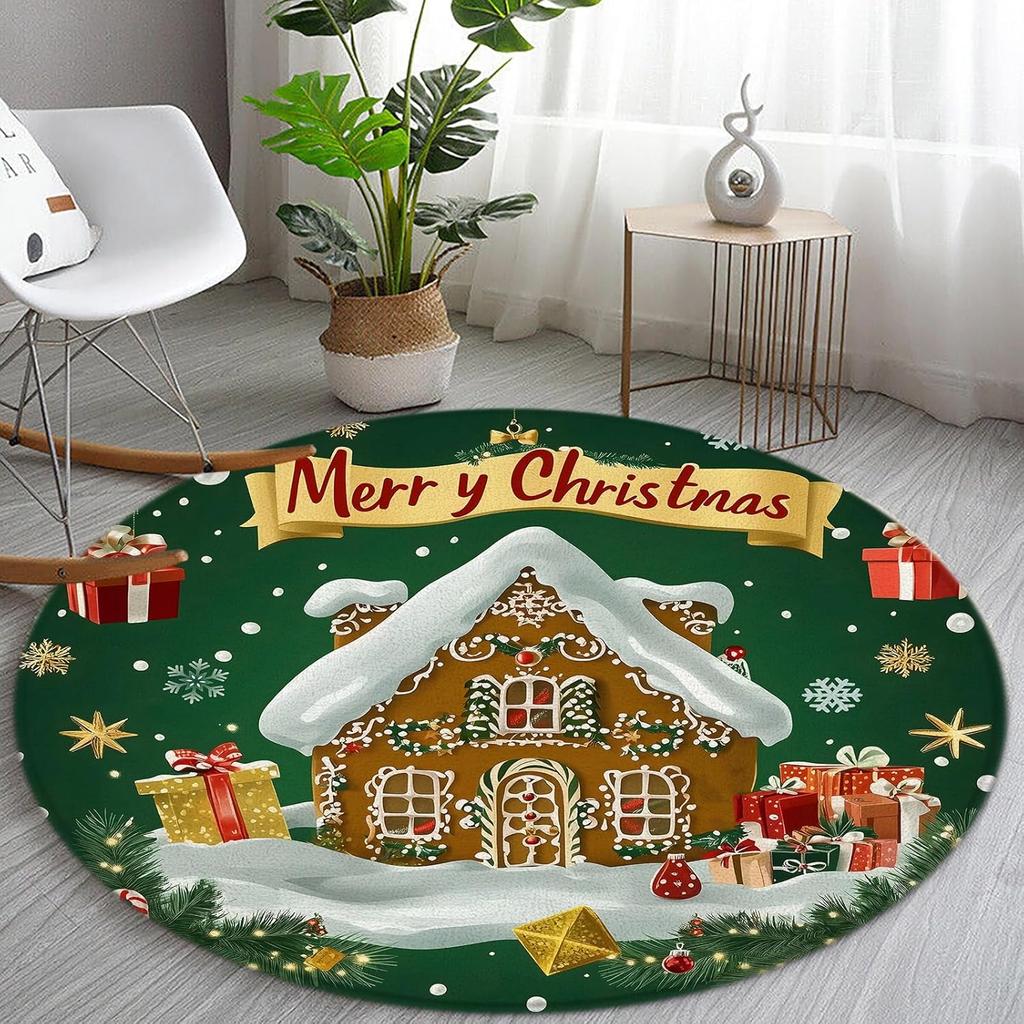 Winter Christmas Round Rug for Living Room Non Slip Bedroom Mats Circle Rugs for Room Home Christmas Decorations Carpet
