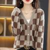 Свитер с v-образным вырезом, клетчатый кардиган, женский 2023, осенне-зимний повседневный свободный свитер с длинными рукавами, уникальный вязаный свитер, женский кардиган