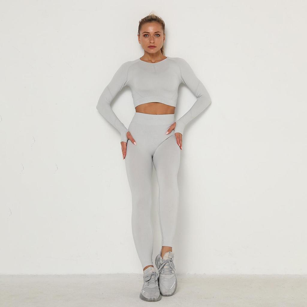 Women Seamless Yoga Suit Sweat Absorbing Hip Lifting High Waist Fitness Pants Tight Long Sleeve Sports Suit