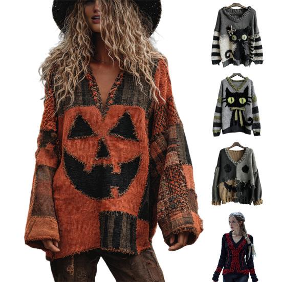 Женский пуловер с V-образным вырезом и графическим принтом, с длинным рукавом, повседневный вязаный свитшот оверсайз, рваный винтажный осенний топ