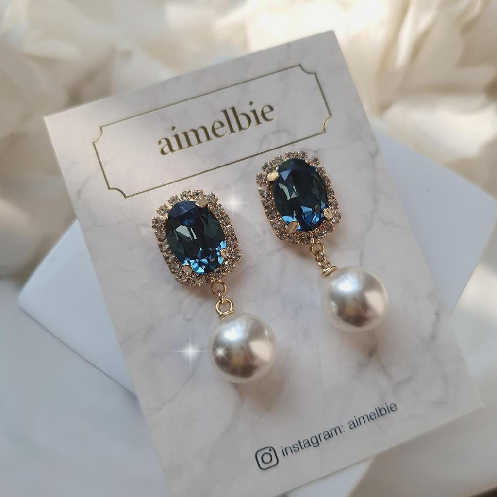 Элегантные овальные серьги с кристаллами и жемчугом - темно-синий