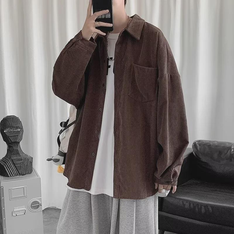 Men's 2023 Black Corduroy Shirt: Hong Kong Trendy, Japanese Retro, Loose Fit Casual Jacket