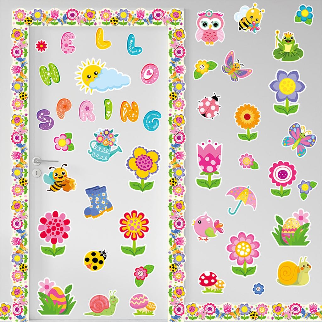 70 Pieces Spring Bulletin Board Decoration, Colorful Spring Cutouts Cute Spring Flowers Butterflies Birds Bees Bulletin Border Wall Stickers