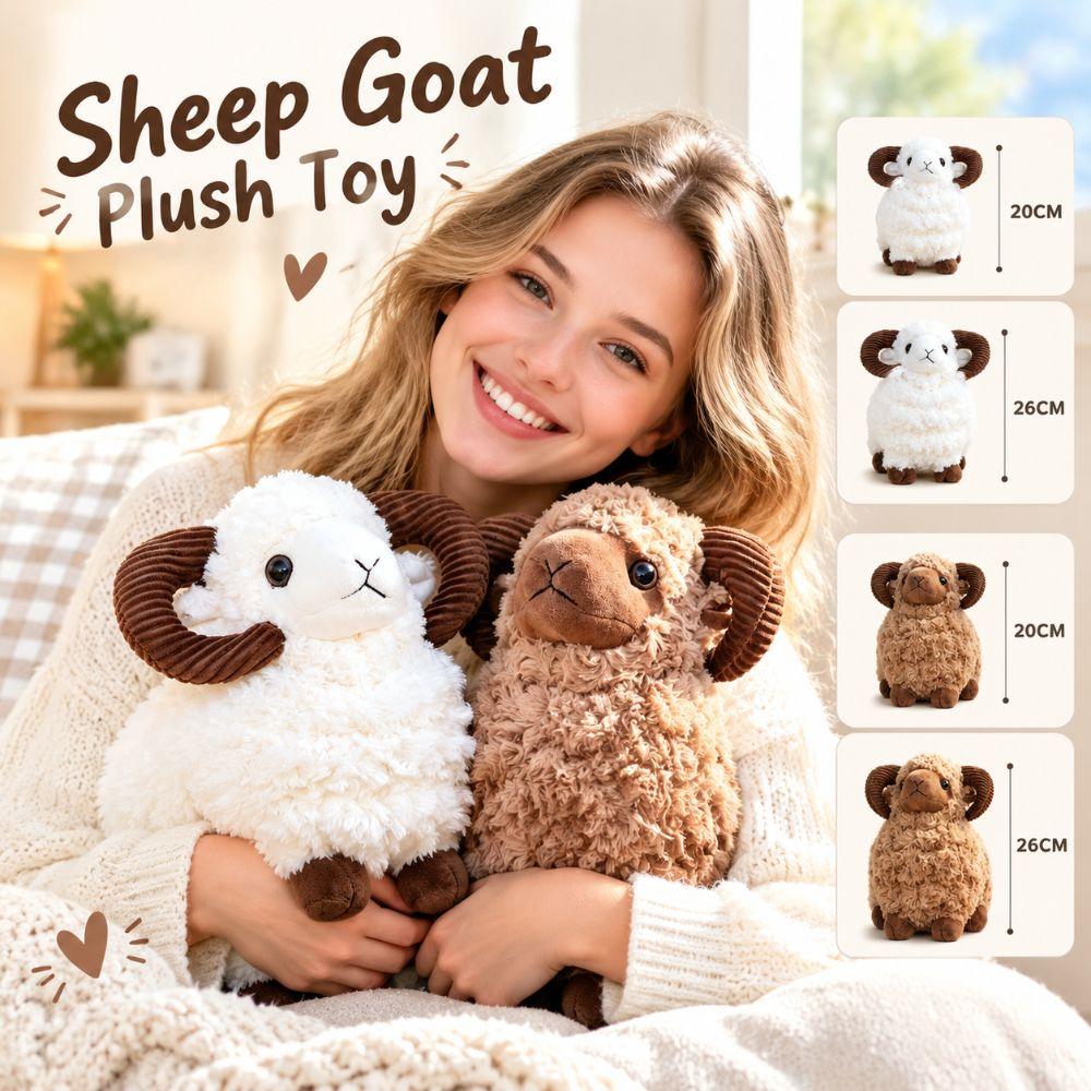 Fluffy Fur Goat Stuffed Animal Curved Horn Lamb Plush Doll Year of the Sheep Mascot Home Decor