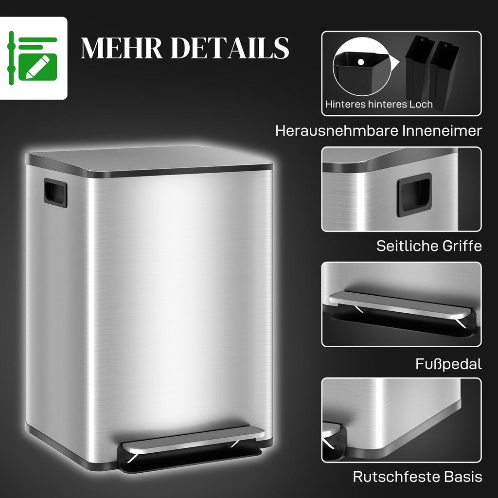 40L Dual Compartment Stainless Steel Bin, with Deodoriser Holders - Silver Tone