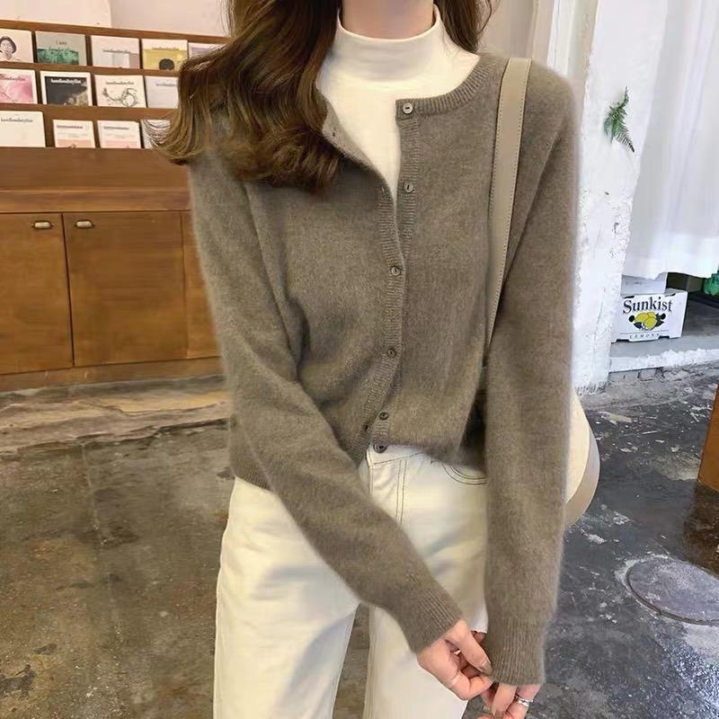Модный новый круглый вырез короткий вязаный кардиган куртка женская осень зима свободная верхняя одежда женские кардиганы свитер с длинным рукавом однотонные свитера 24917