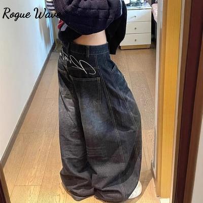 RogueWave Женские джинсы с высокой посадкой, винтажный дизайн, хип-хоп, прямые, широкие джинсовые брюки, уличный стиль Y2K, американский стиль, широкие джинсовые брюки