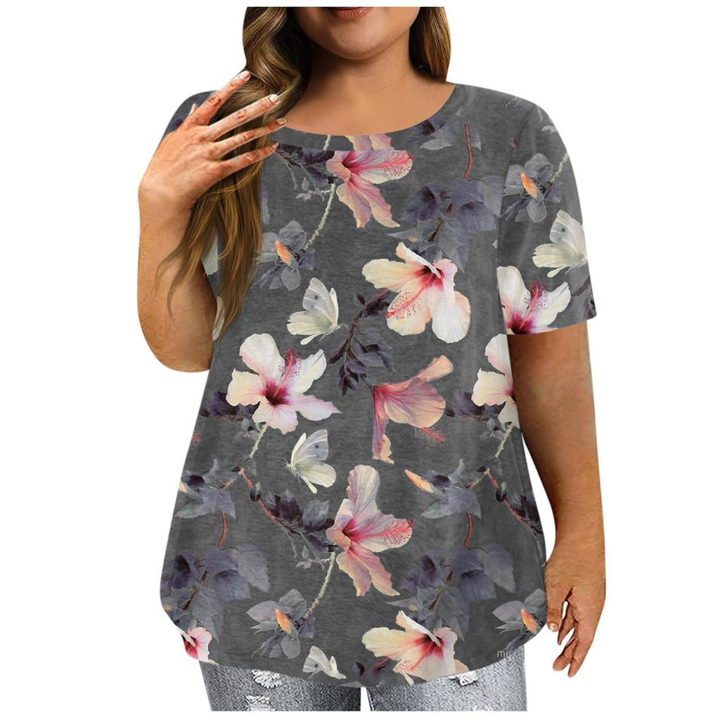 Women's Short Sleeve Shirt Round Neck Plus Size T-Shirt Flower Printed Casual Tops
