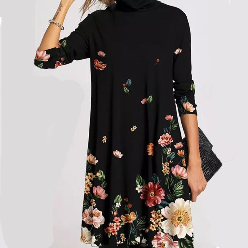 Зимняя водолазка, теплая винтажная женская одежда с принтом, элегантные лоскутные платья с длинными рукавами, женские повседневные свободные платья