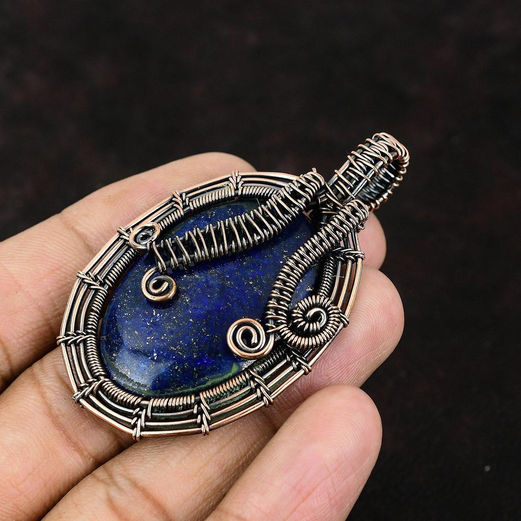 Медный кулон из лазурита, медная проволока, кулон, ювелирные изделия из лазурита, дизайнерский кулон ручной работы, подарок для нее, ювелирные изделия из натуральных драгоценных камней