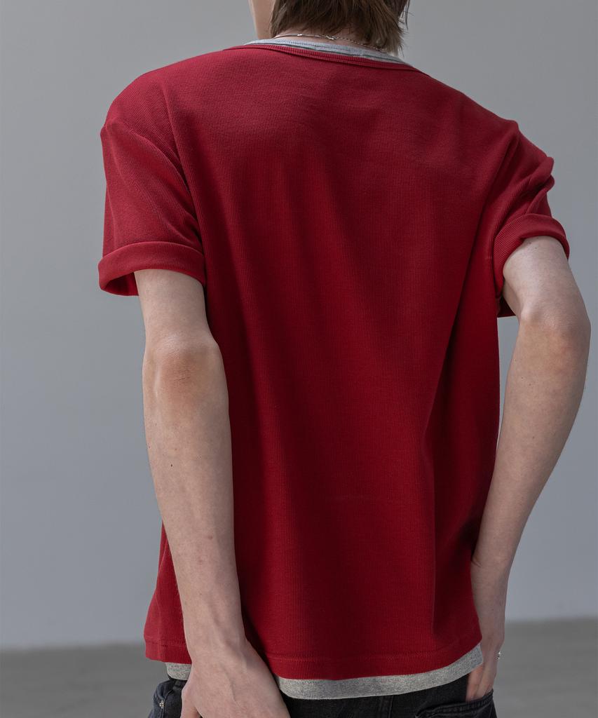 Dekkoloso Простая многослойная футболка-henley с коротким рукавом [Глубокий красный]