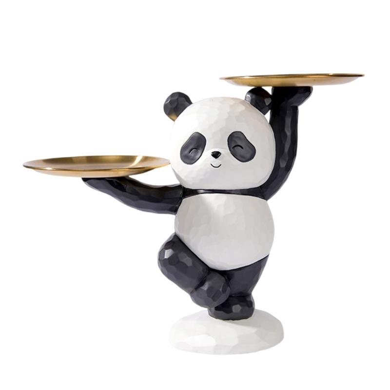 Decorative Panda Resins Statue with Storage Tray for Key and Trinkets Animal Sculpture Entryway Living Room Table Decors
