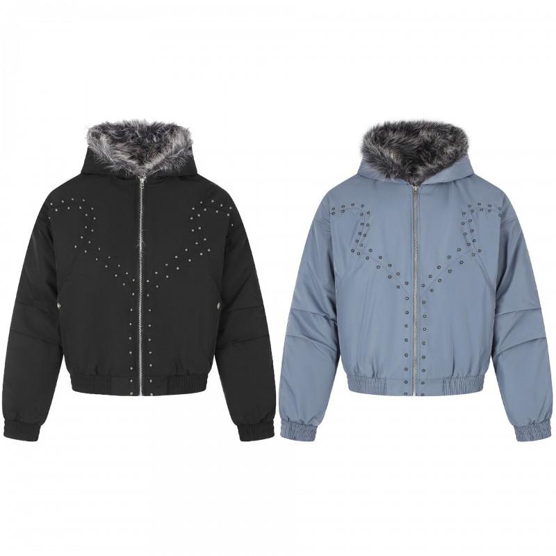 American Punk Studded Faux Fur Hooded Puffer Jacket Unisex Thick Winter Coat Casual Warm Outerwear