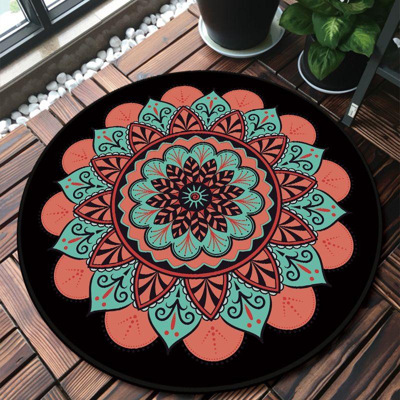 Nordic Round Printed Carpet Mandala Black Living Room Rug Coffee Table Foot Pad Bedroom Floor Mat Bay Window Fluffy Chair Mat