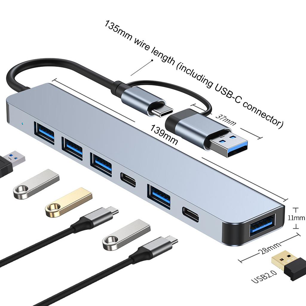 2217 USB A+USB C Hub Adapter 7 In 1 Multi Port USB Docking Station with USB3.0+USB2.0*4+PD+USB C Data Port Extension