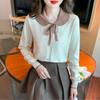 Fashion Sweet Peter Pan Collar Knitted Shirt for Women Autumn and Winter Slim Long Sleeve Women's Blouse Vintage Solid Bow Tie Ladies Tops 24742