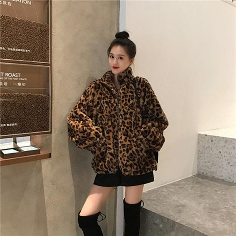 Autumn Winter Slimming Mid Length Jacket Top Leopard Print Jacket Women's Stand Collar Warm Parkas Outwear Female Loose Faux Fur Coats