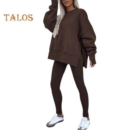 2 шт./комплект женский топ брюки костюм круглый вырез длинный рукав асимметричный подол толстовка эластичный пояс однотонные брюки зимний повседневный спортивный костюм