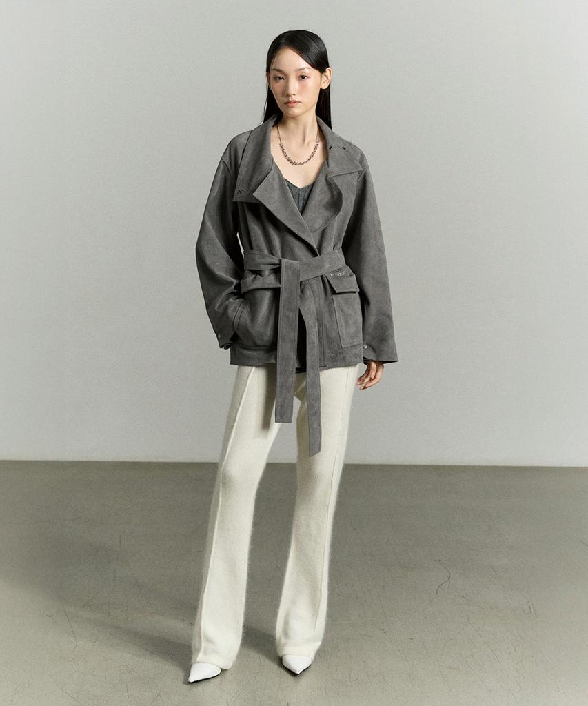 Re Rhee Suede Funnel Neck Jacket Stone