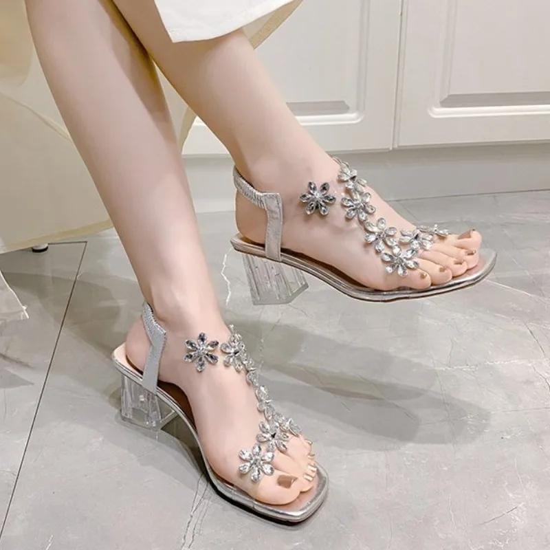 2024 Сандалии Женские Летние Новые Модные Женские Шикарные Цветы Стразы Прозрачные Босоножки С Открытым Носком Женские Туфли