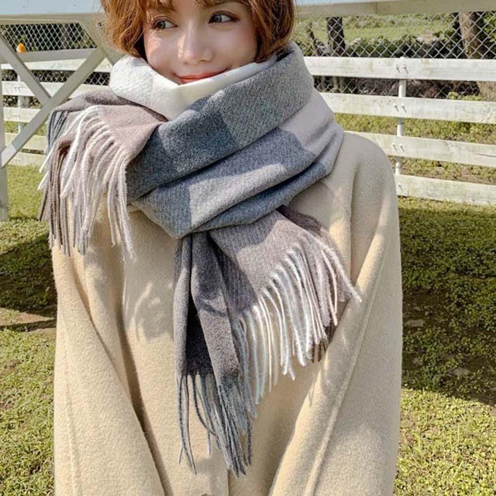 Wool Classic Plaid Scarf Soft Long Neckscarf with Tassel Large Knitted Wool Scarf Outdoor