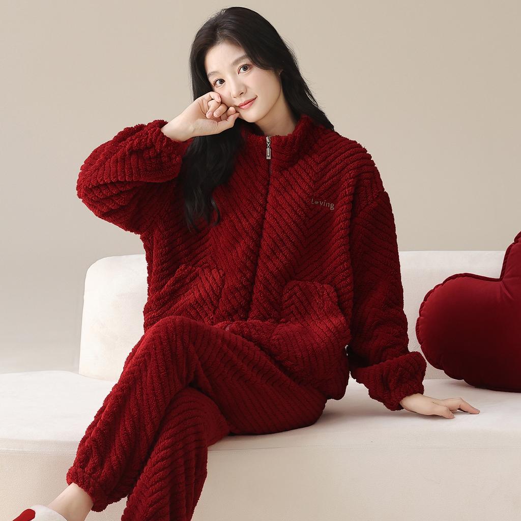 Пижамы Свадебный Костюм для Молодоженов Осень и Зима Коралловый Флис Утепленный Теплый Рождественский Год Свадебный Красный Домашняя Одежда