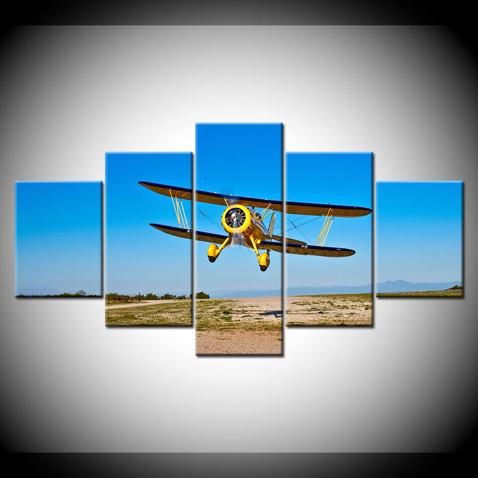 Canvas Painting yellow airplane flying in blue sky 5 Pieces Wall Art Painting Modular Wallpapers Poster Print Home Decor
