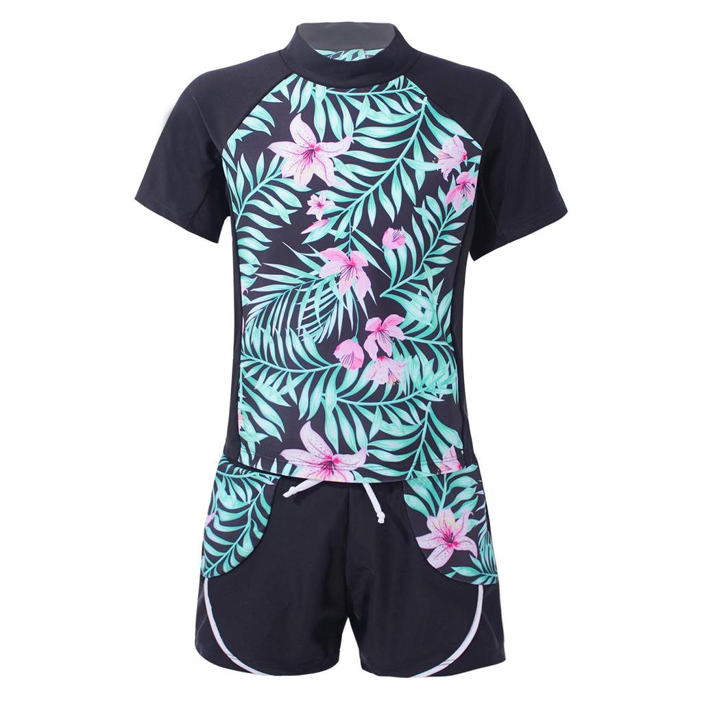 Girls 2 Piece Floral Print Swim Set Round Neck Short Sleeve Top Elastic Waist Boyshorts Beach Bathing Suit Swimsuit