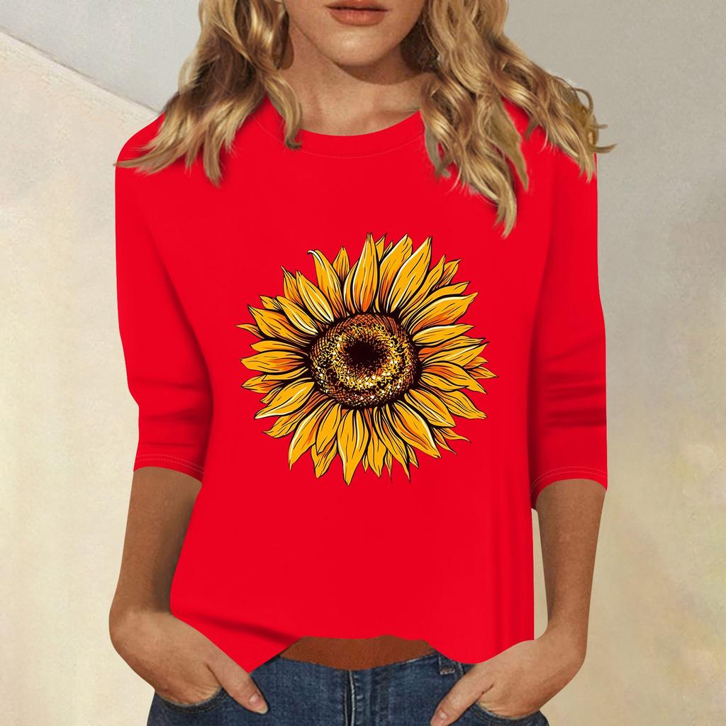 Женская мода повседневный принтованный топ с семью рукавами и круглым вырезом