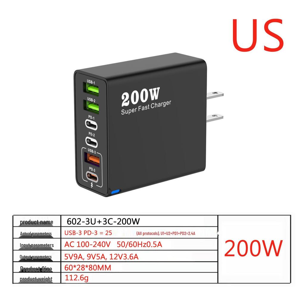 Многопортовое зарядное устройство 200 Вт: 3 USB + 3 PD, Быстрое зарядное устройство 6-в-1 для мобильных телефонов, 5 В/2,4 А, Стандарты ЕС/США/Великобритании