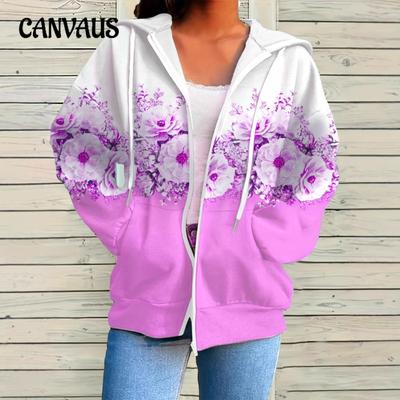 Плюс Размер Женская Осенняя Печать Молния Длинные Рукава Карман Толстовка Повседневная Куртка