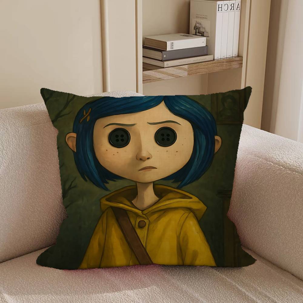 Съемная моющаяся наволочка с изображением Коралин из аниме – мягкий лен, подходит для всех сезонов.