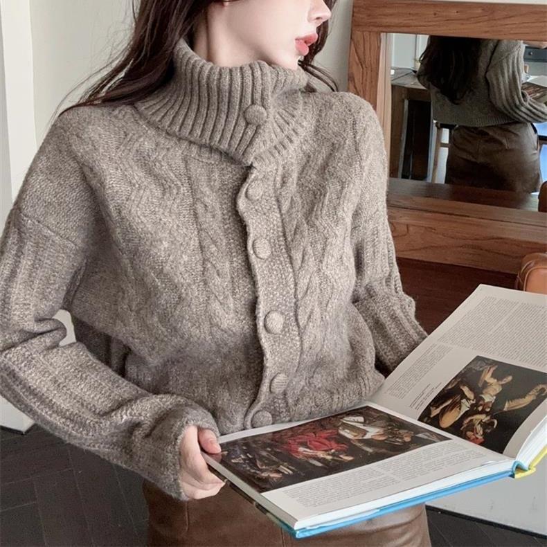 Свитер с высоким воротом для женщин на осень и зиму, мягкий и свободный вязаный свитер с короткими рукавами, ленивый дизайн