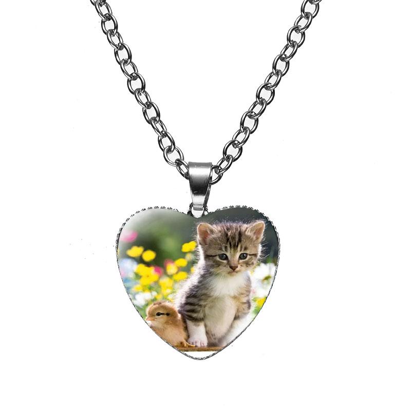 Женская мода милый питомец котенок стеклянный кабошон сердце форма ожерелье кулон ожерелье ювелирные изделия аксессуары подарки