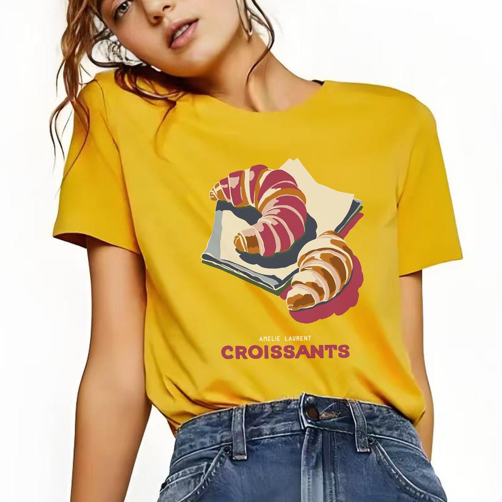 Fashionable and delicious croissant printed pattern short sleeved round neck daily versatile Womens Tshirt