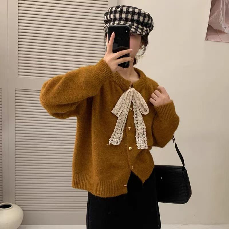 Korean Style Lace-Up Round Neck Sweater Coat - Women's Autumn/Winter Loose-Fit Knitted Cardigan