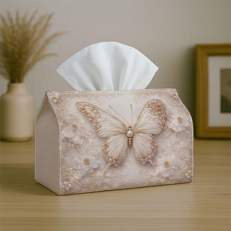 2D Flat, 2D Plane Single Elegant Decorative Illustration Design Tissue Box Lid - Pearl Butterfly Pattern Tissue Box, Multifunctional Tissue, Suitable