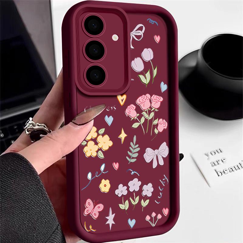 Cartoon Floral Print TPU Shockproof Matte Case For Samsung S25 Ultra S24 FE S23 Plus A56 A36 A16 A15 A55 A06 Soft Silicone Lens Protection Phone Cover
