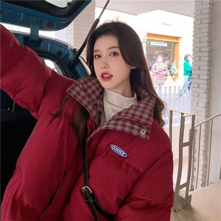 Women's Designer Unique Thickened Cotton Coat Burgundy Puffer Jacket Korean Style Loose Winter