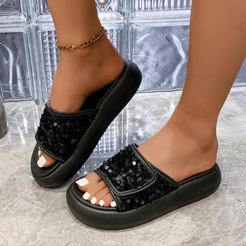 Туфли женские с открытым носком женские тапочки модные повседневные тапочки с блестками женские летние тапочки с круглым носком однотонные плоские тапочки