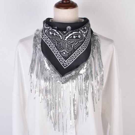 Sequins Scarf Exquisite Pattern Tassel Design Non-Fading Washable Quick Dry Decorative Polyester Women Beautiful Fringed Bandana Headscarf for Party