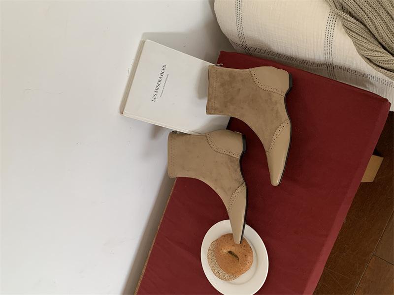 Square Head Splicing Short Tube Fashion Boots Versatile British Style Commuting with Skirt Personality Thick Heel Thin Comfortable Martin Boots