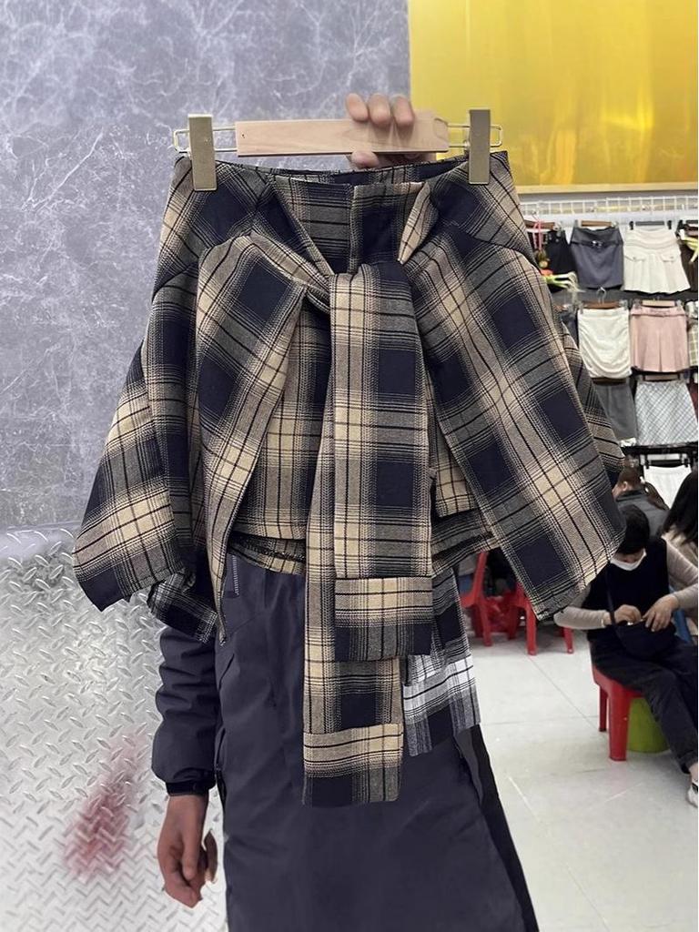 Стильная женская клетчатая юбка миди 2025: Завязки, Неровный подол, Высокая талия, Приталенный дизайн