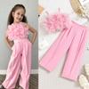 4-7Y Summer Children's Clothing Mesh Three-dimensional Flowers Bust Halter Top + Slim Suit Trousers Suit Personality Suit