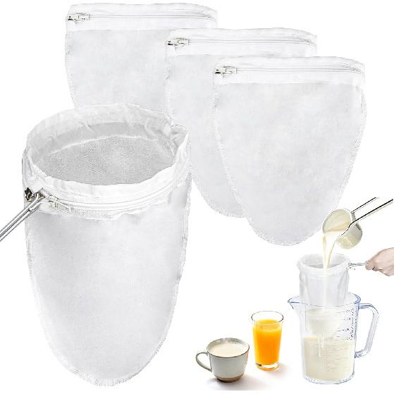 3 PCS Fine Mesh Strainer Bags - RAINFLOW Reble Cheese Cloth Bag for Straining with Stainless Steel Handle Medium Size Food Grade Filter for Coffee