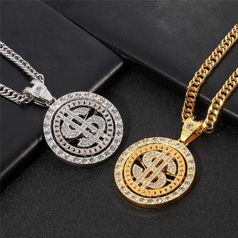 Men Hip Hop Rotating Dollar Pendant Long Necklace Rhinestone Jewelry Accessories