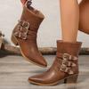 Retro Western Booties Women's New Pointed Toe Metal Belt Buckle Non-Slip Side Zipper Non-Slip Block Heel Single Boots